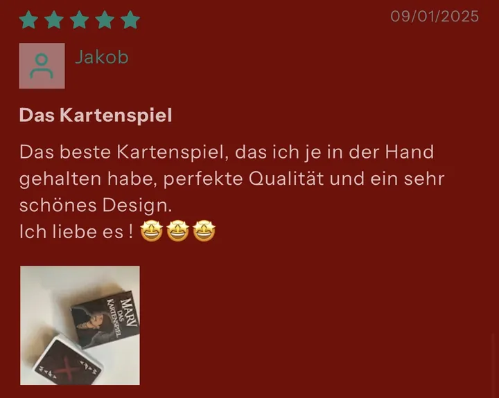 5-Sterne-Rezension von Jakob für MARV das Kartenspiel
